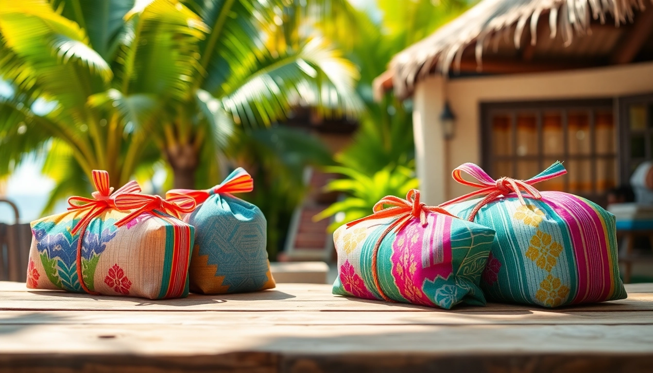 Colorful package wrapped in traditional fabric on a tropical travel setting, emphasizing vibrant destinations and cultural charm.