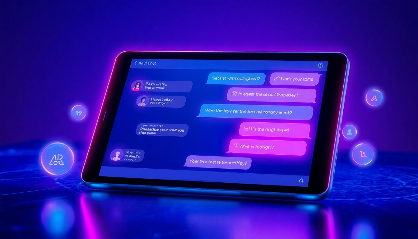 Futuristic digital chat interface on a tablet with holographic elements and neon lighting