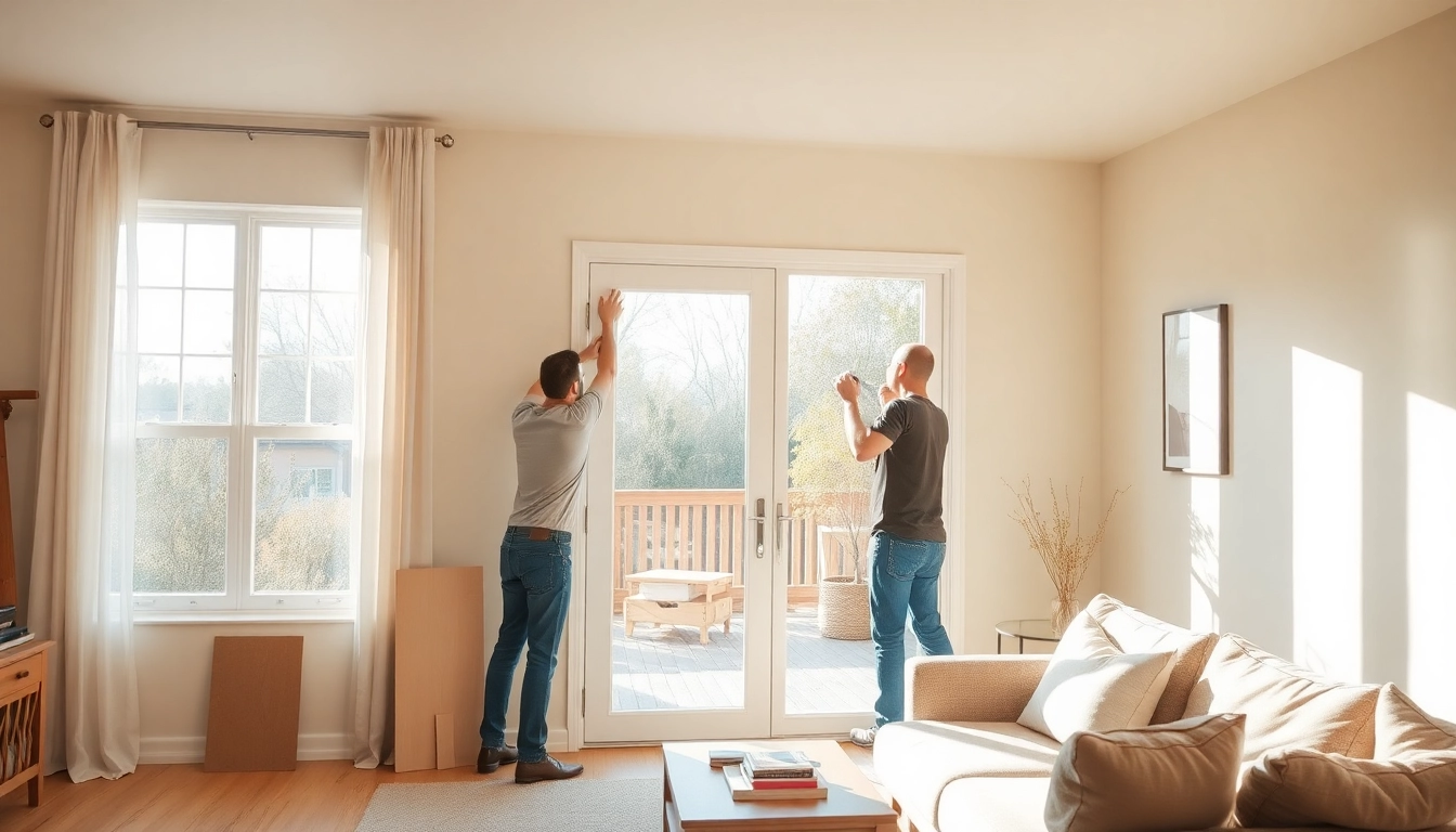 Hands demonstrate how to replace a sliding glass door in a sunlit home renovation scene.