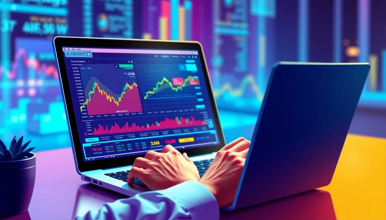Engaging scene of a trader reviewing online stock trading charts on a laptop for informed