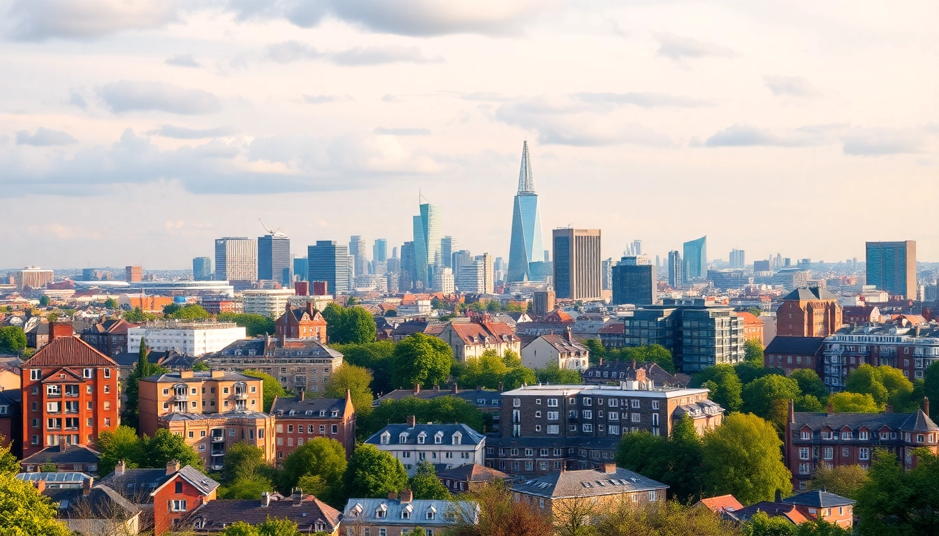 UK Real Estate Market insights showing skyline with residential buildings representing market